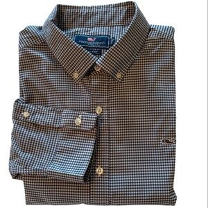 Vineyard Vines Blue & White Gingham Featherweight Stretch Whale Shirt Size XXL